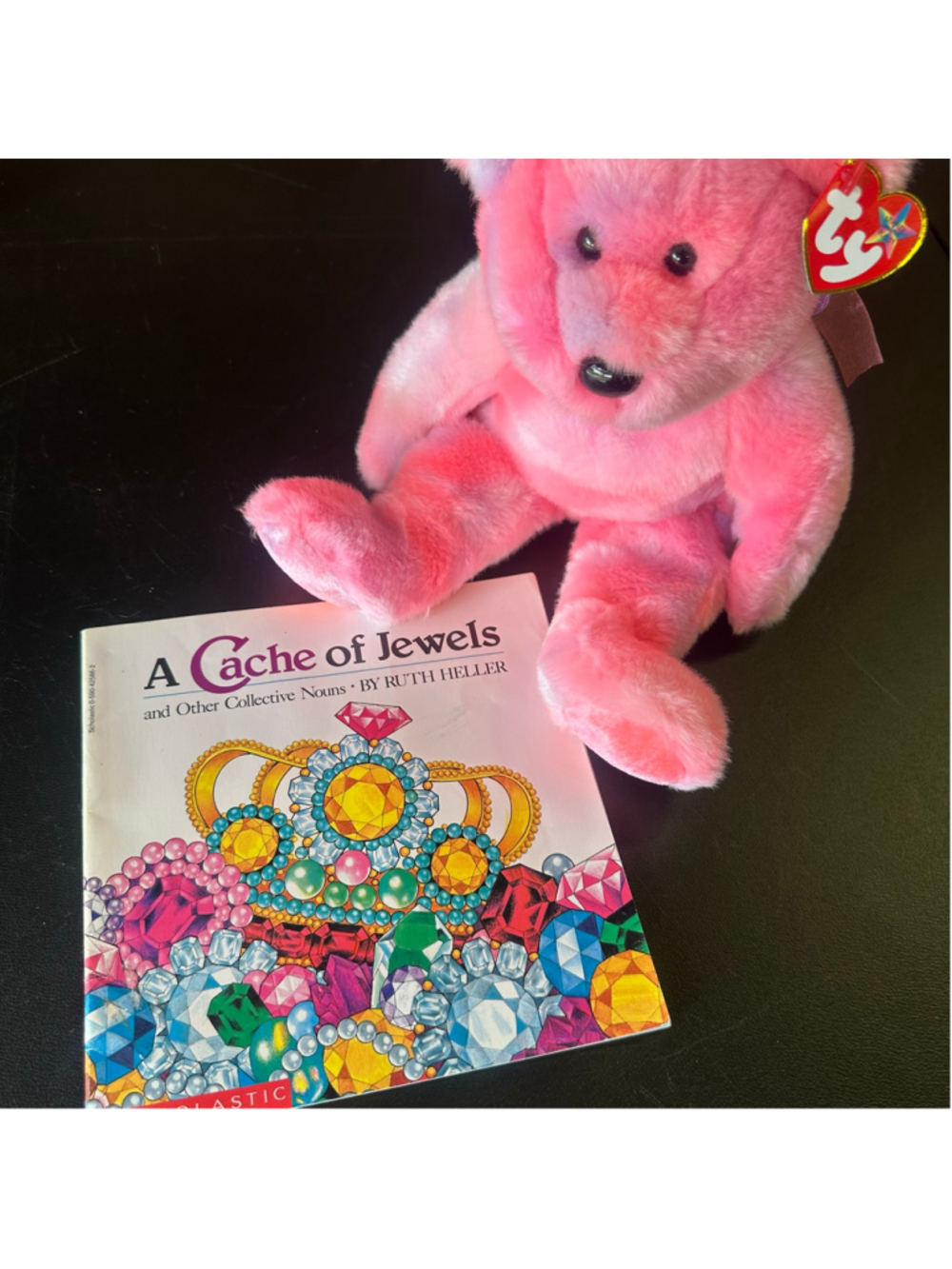 Vintage 1989 Scholastic A Cache of Jewels Book + Ty Pink Bear Plush Bundle